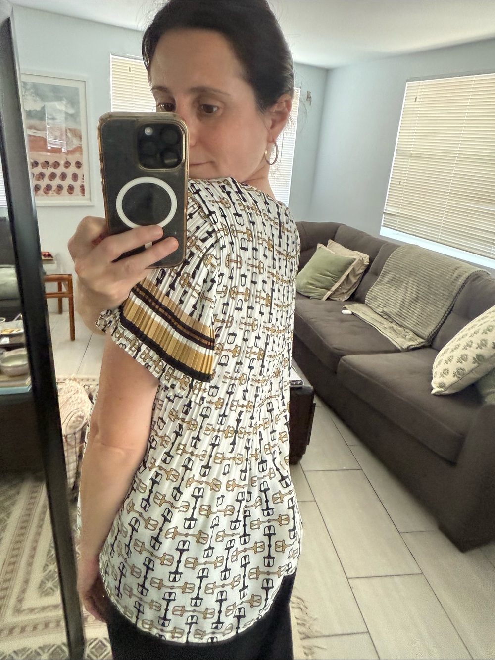Maje Short Sleeve Pleated Top in Gold & Black Equestrian Print Size L